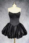 Glamorous Strapless Corset Lace Up Prom Dress In Black Satin With Bubble Hem For Prom Night Girls