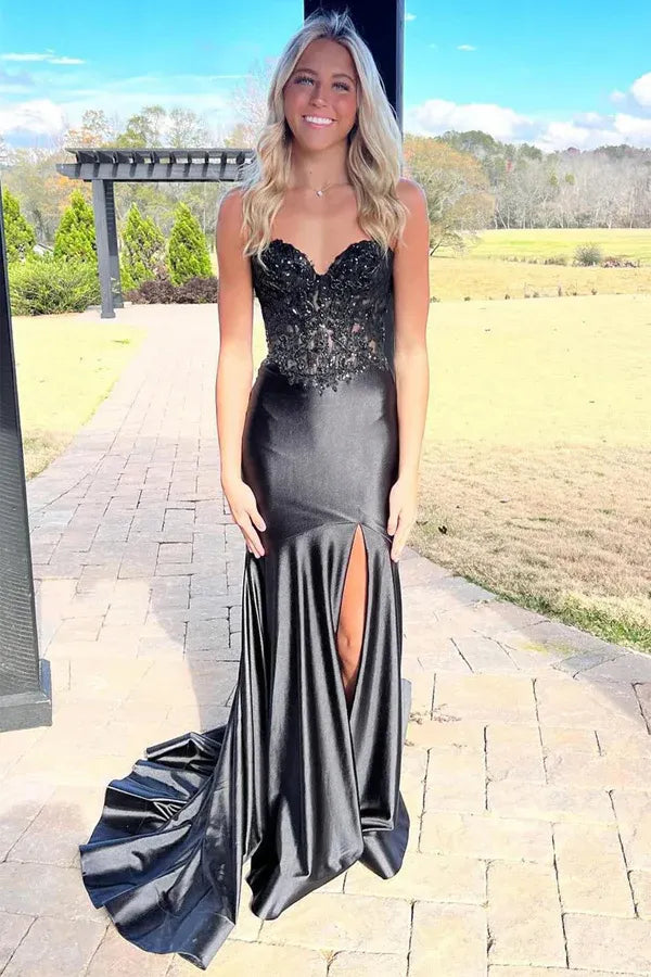 Strapless Beaded Lace-up Mermaid Prom Gown