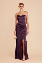 Glamorous Strapless Satin Bridesmaid Dress with Ruched Waist and High Slit