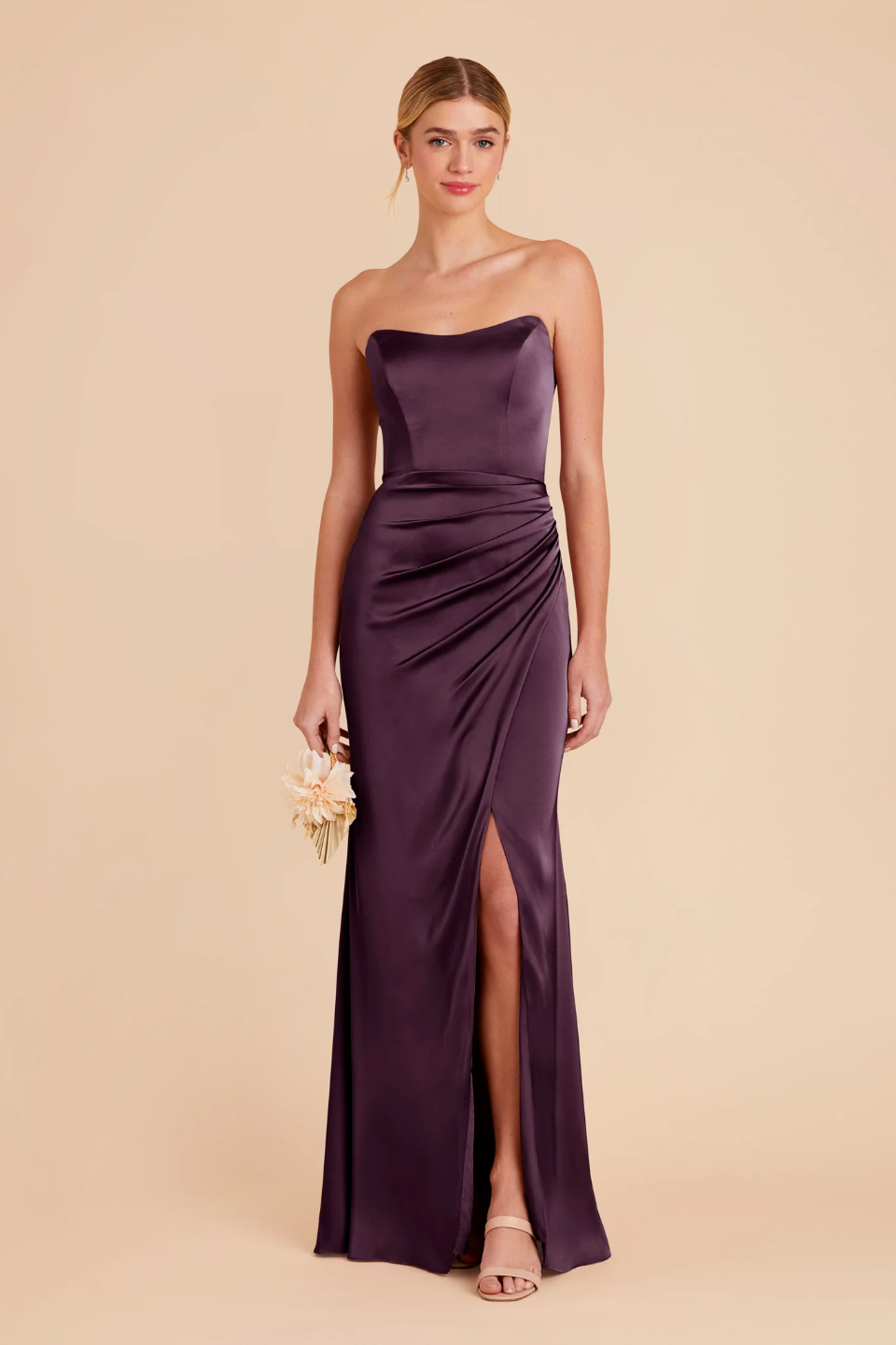 Glamorous Strapless Satin Bridesmaid Dress with Ruched Waist and High Slit