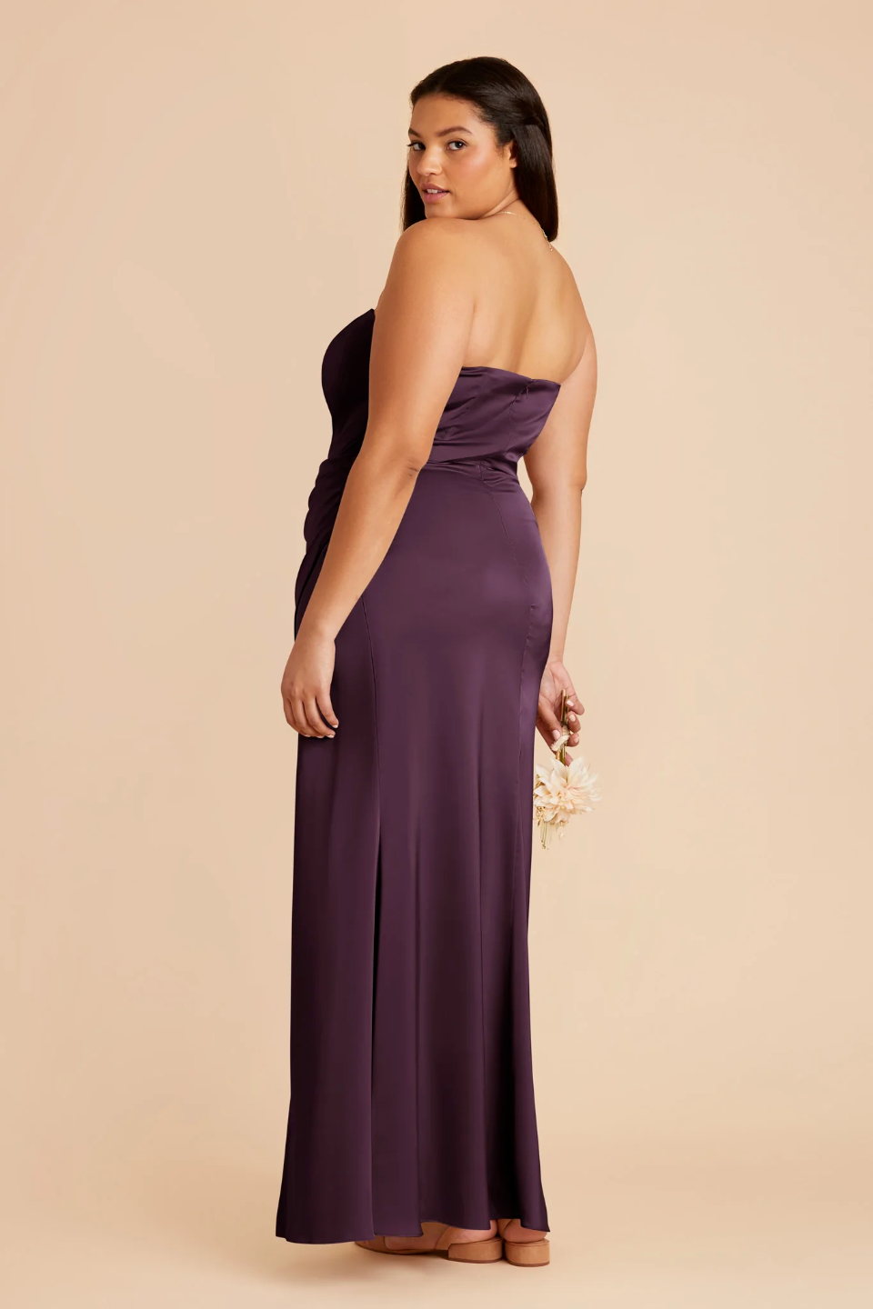 Glamorous Strapless Satin Bridesmaid Dress with Ruched Waist and High Slit
