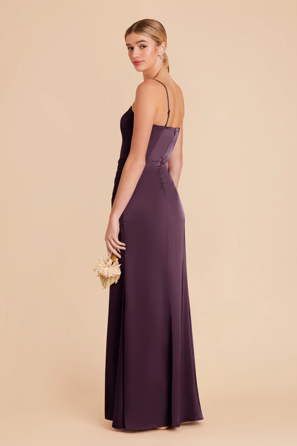 Glamorous Strapless Satin Bridesmaid Dress with Ruched Waist and High Slit