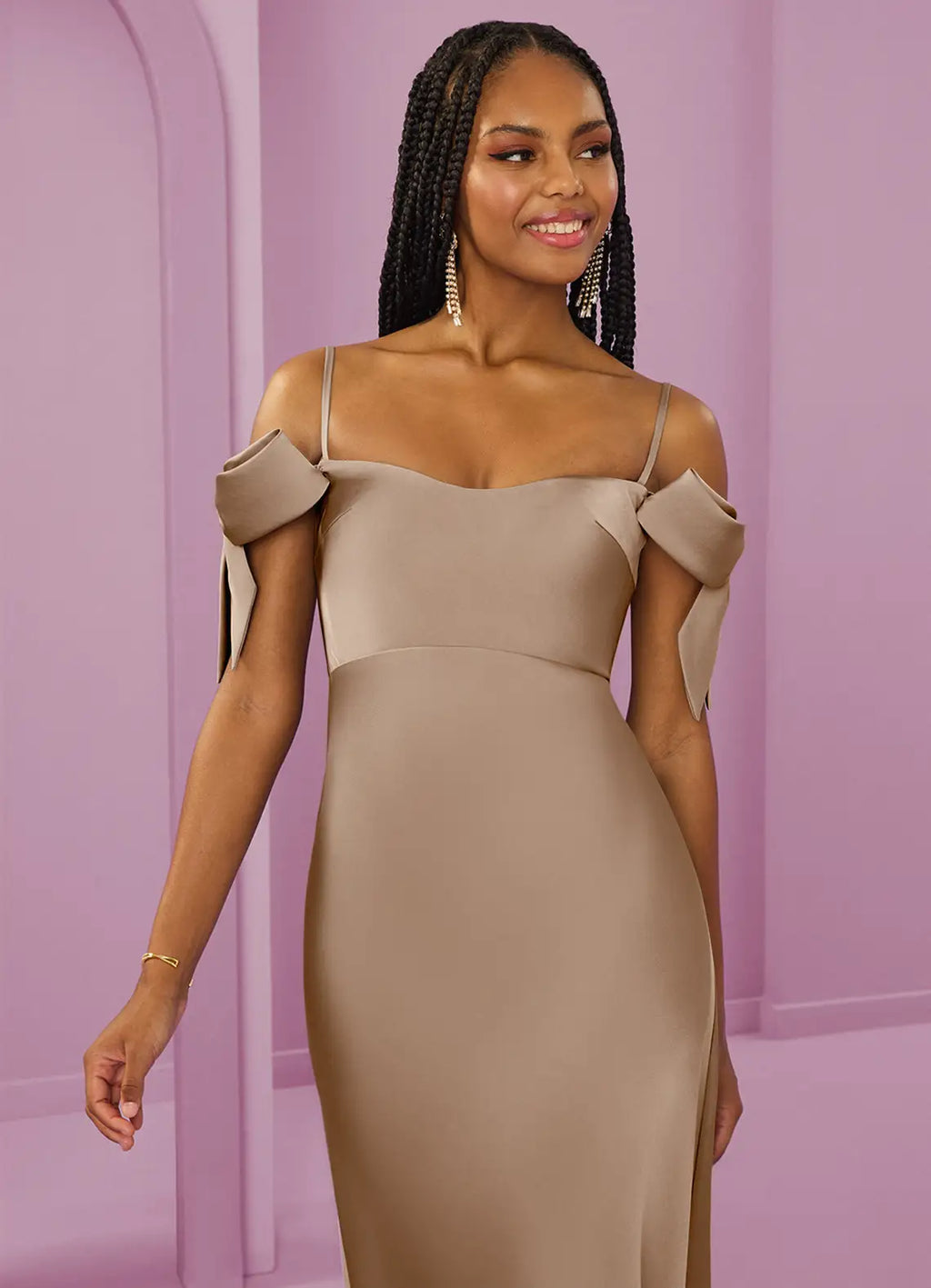 Glamorous Taupe Satin Bridesmaid Dresses with Off-the-Shoulder Bow Sleeves, Mermaid Silhouette and Open Back