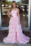 Tiered Halter Sleeveless Prom Dress With Slit