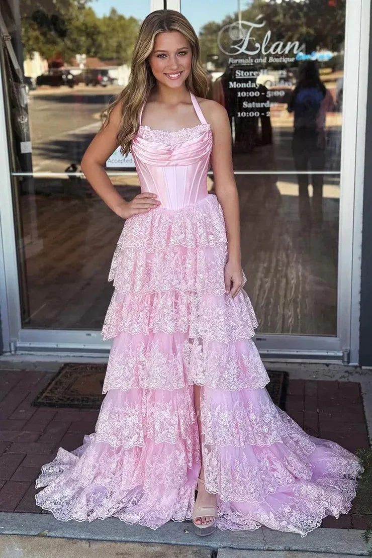 Tiered Halter Sleeveless Prom Dress With Slit