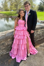 Tiered Spaghetti Strap Sleeveless Prom Dress With Slit