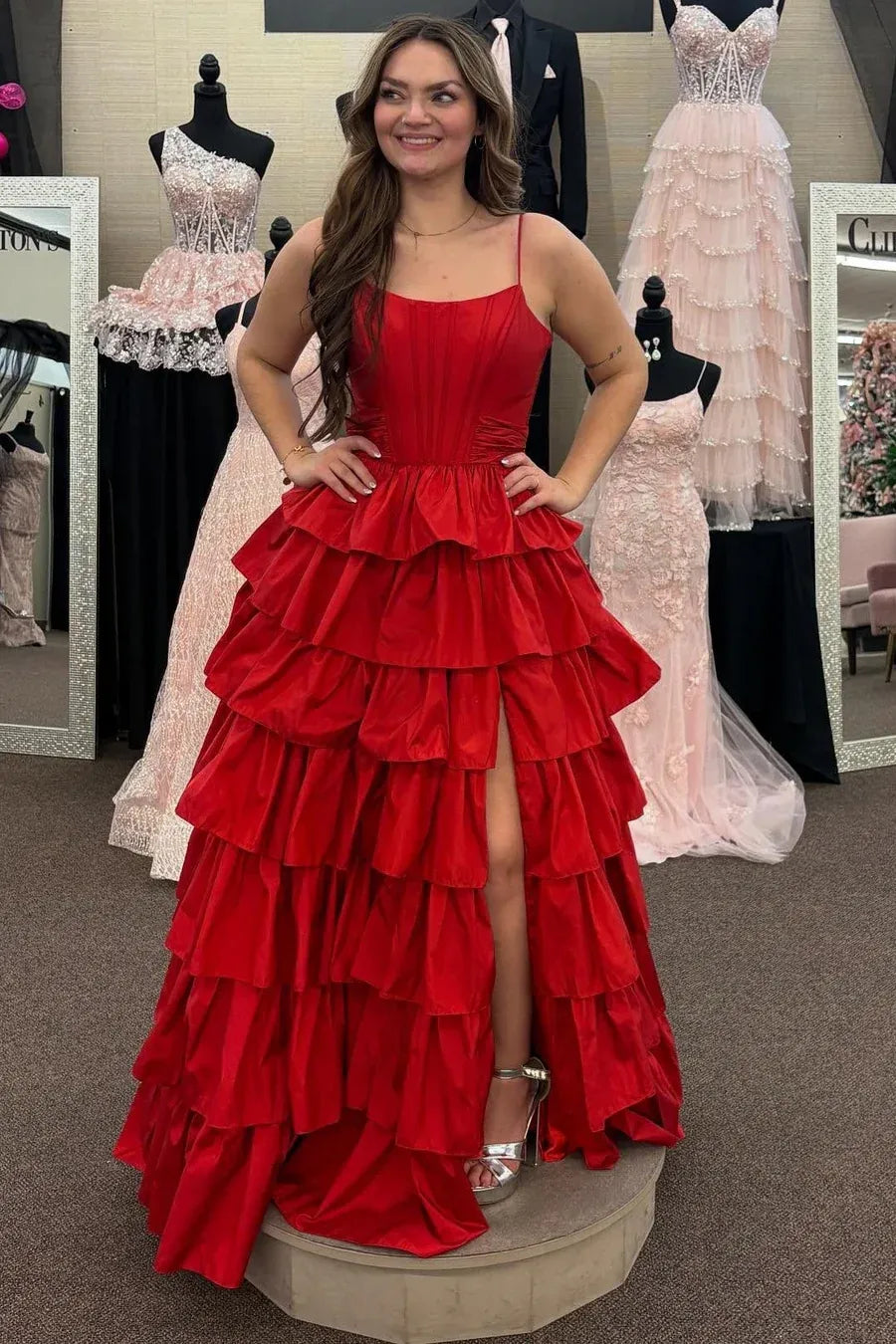 Tiered Spaghetti Strap Sleeveless Prom Dress With Slit