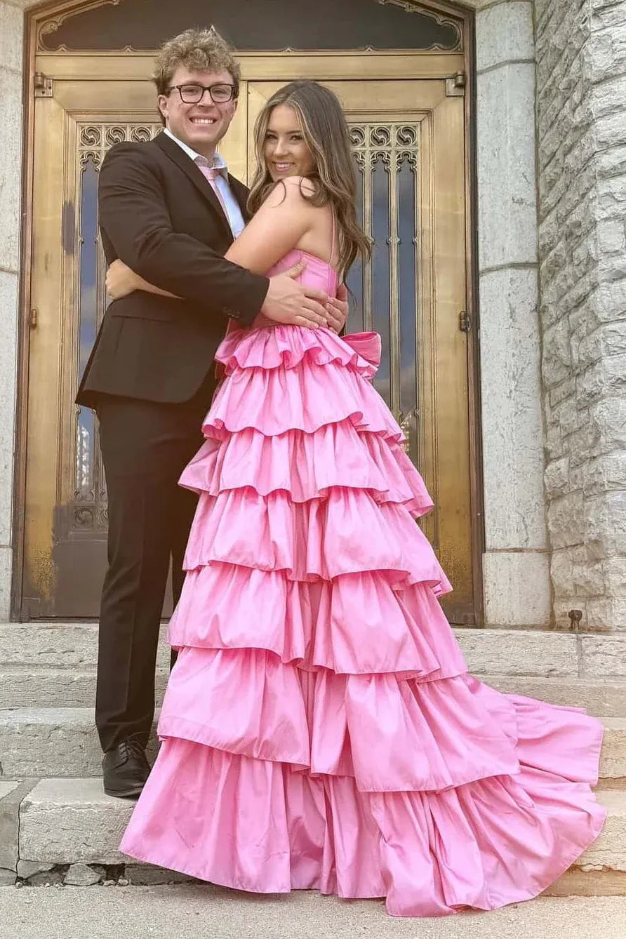 Tiered Spaghetti Strap Sleeveless Prom Dress With Slit