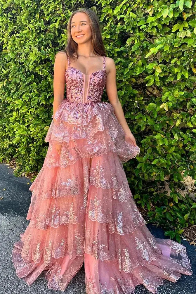 Tiered Spaghetti Strap Sleeveless Prom Dress With Slit