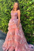 Tiered Spaghetti Strap Sleeveless Prom Dress With Slit