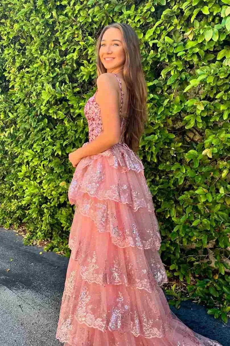 Tiered Spaghetti Strap Sleeveless Prom Dress With Slit