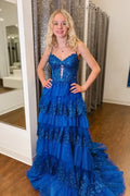 Tiered Spaghetti Strap Sleeveless Prom Dress With Train