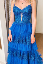 Tiered Spaghetti Strap Sleeveless Prom Dress With Train