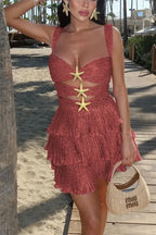 Tiered Square Neck Sleeveless Glitter Mini Party Dress