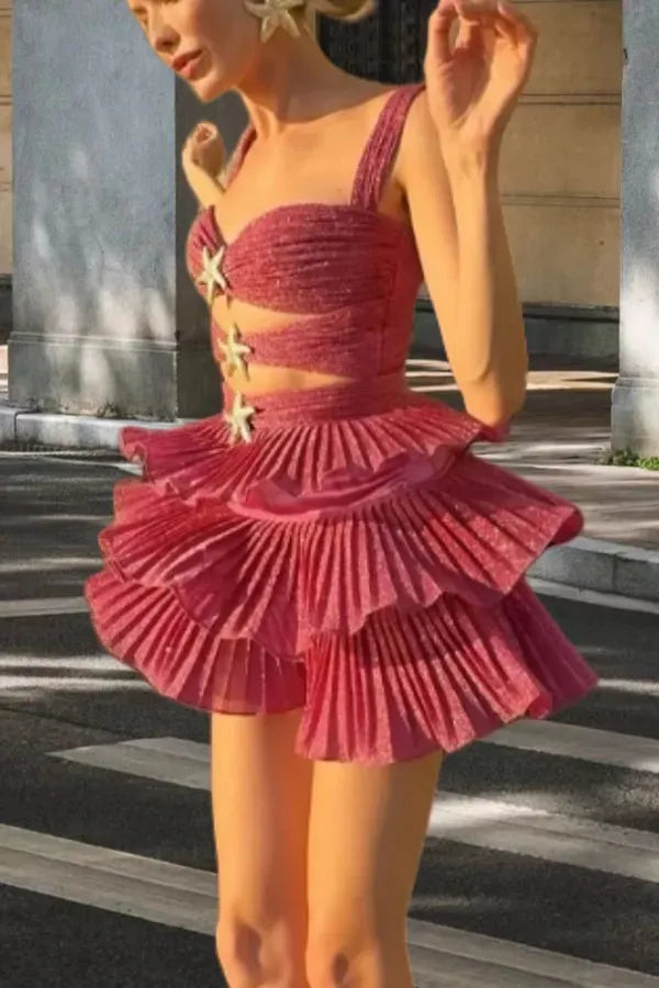 Tiered Square Neck Sleeveless Glitter Mini Party Dress