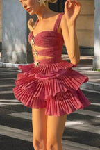 Tiered Square Neck Sleeveless Glitter Mini Party Dress