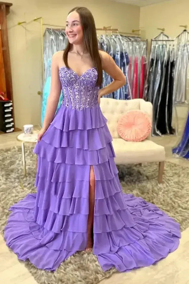 Tiered Strapless Sleeveless Prom Dress With Slit