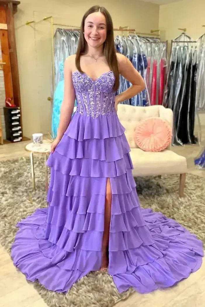 Tiered Strapless Sleeveless Prom Dress With Slit
