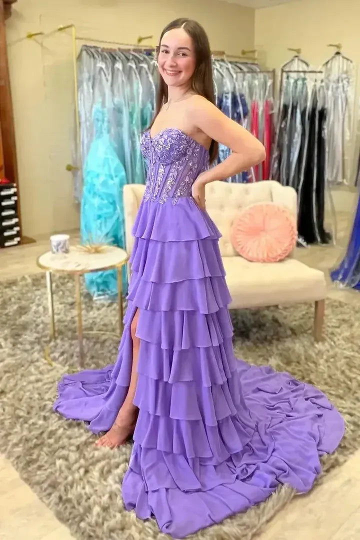 Tiered Strapless Sleeveless Prom Dress With Slit