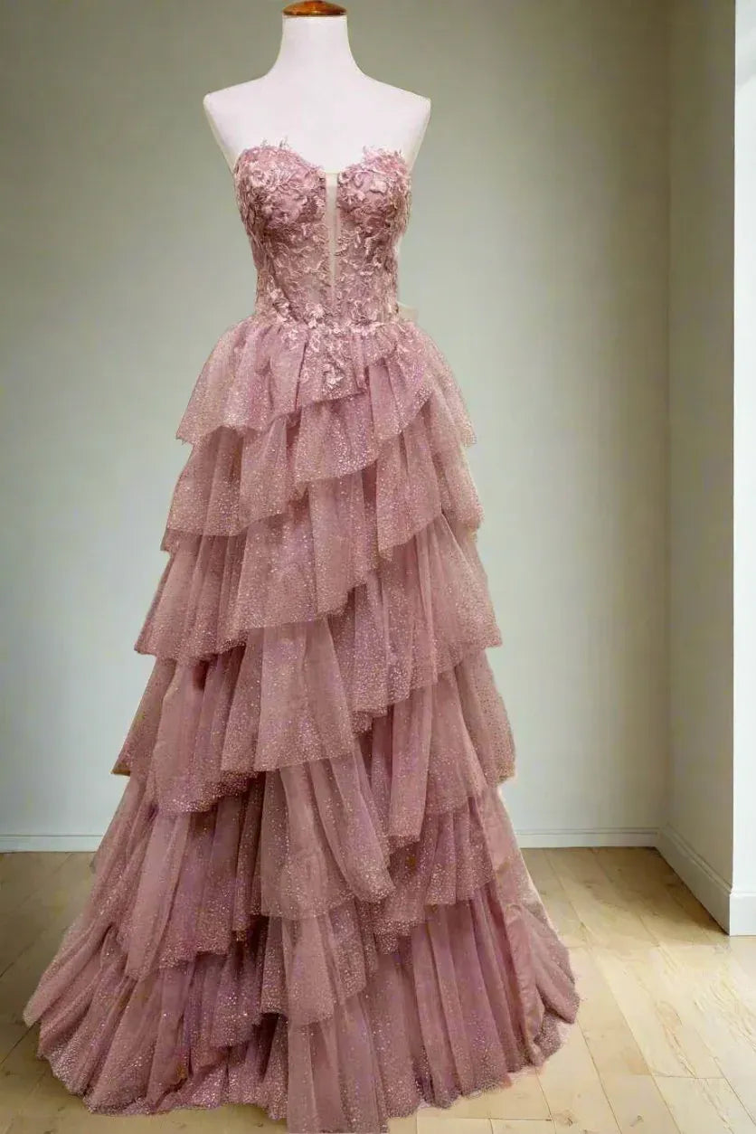 Tiered Strapless Sleeveless Ball Gown Prom Dress