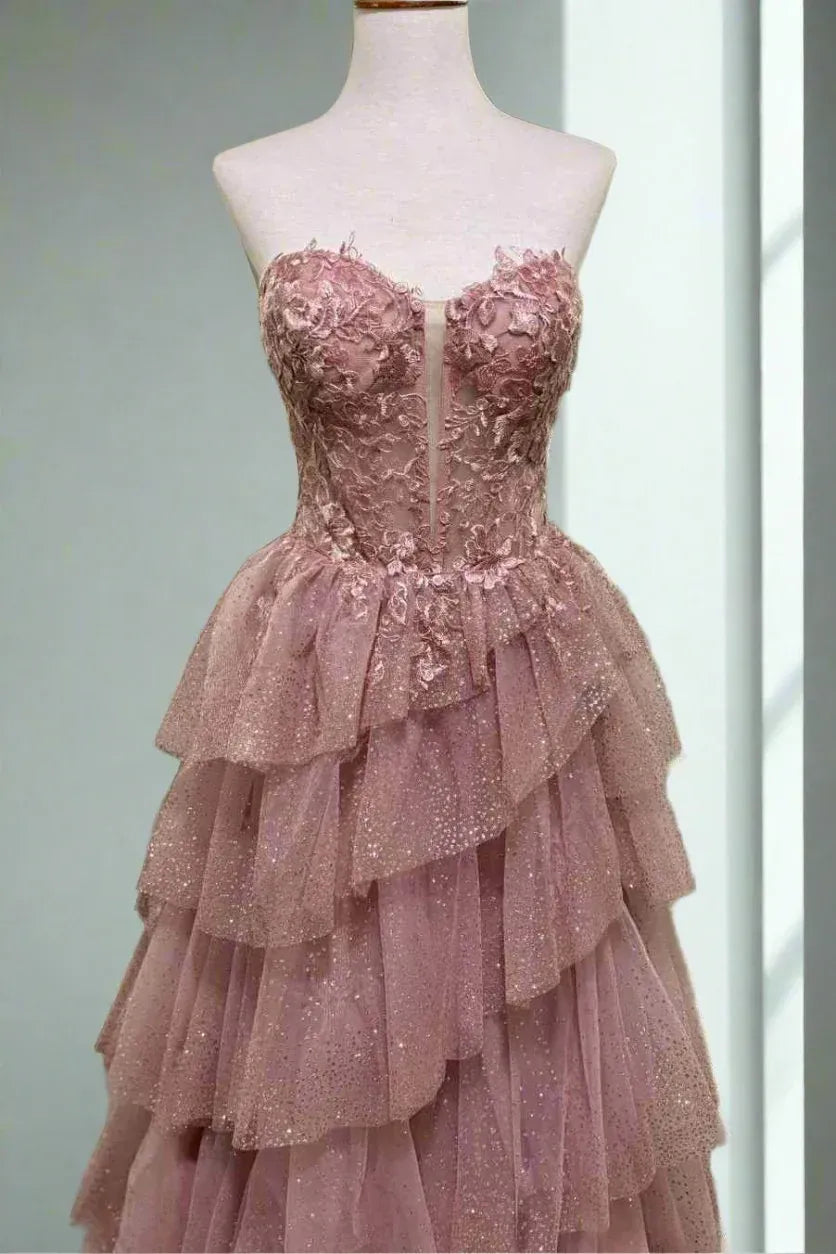 Tiered Strapless Sleeveless Ball Gown Prom Dress