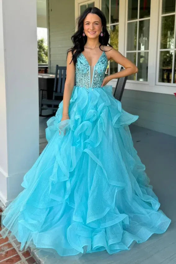 Turquoise Spaghetti Strap Tiered Ruffled Beaded Ball Gown