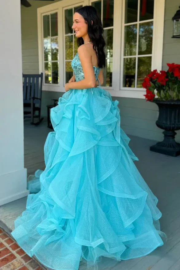 Turquoise Spaghetti Strap Tiered Ruffled Beaded Ball Gown