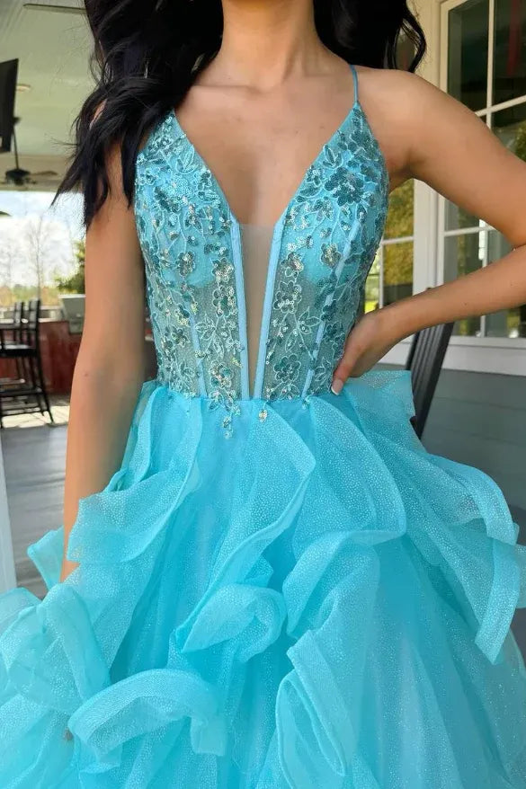 Turquoise Spaghetti Strap Tiered Ruffled Beaded Ball Gown