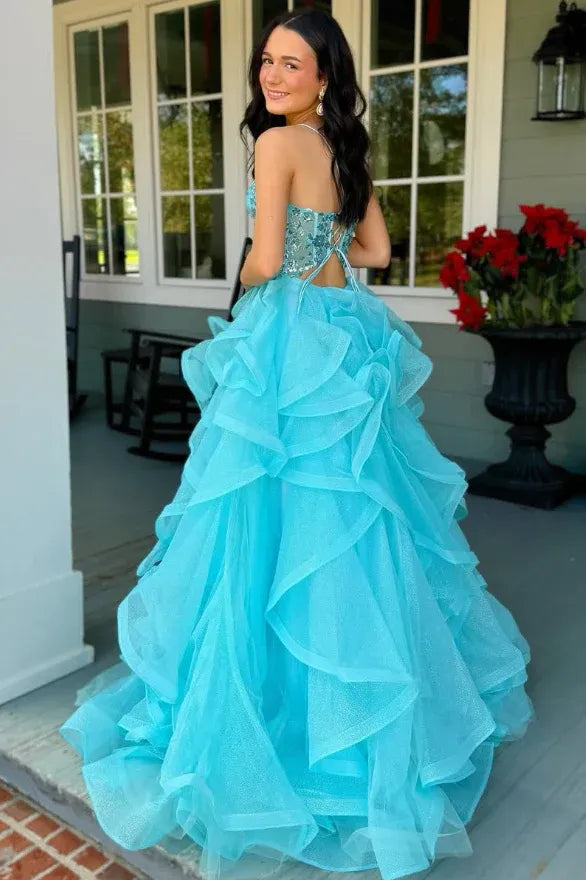 Turquoise Spaghetti Strap Tiered Ruffled Beaded Ball Gown