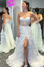 White Strapless Tiered Ruffled Glitter Gown With Sheer Corset Bodice