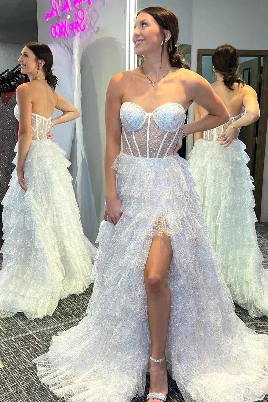 White Strapless Tiered Ruffled Glitter Gown With Sheer Corset Bodice