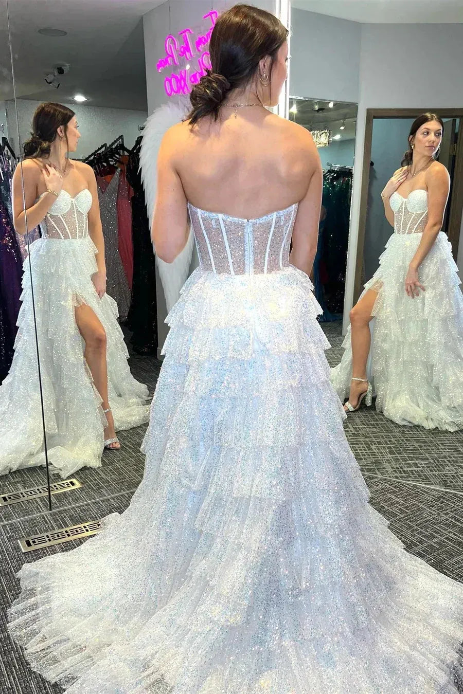 White Strapless Tiered Ruffled Glitter Gown With Sheer Corset Bodice
