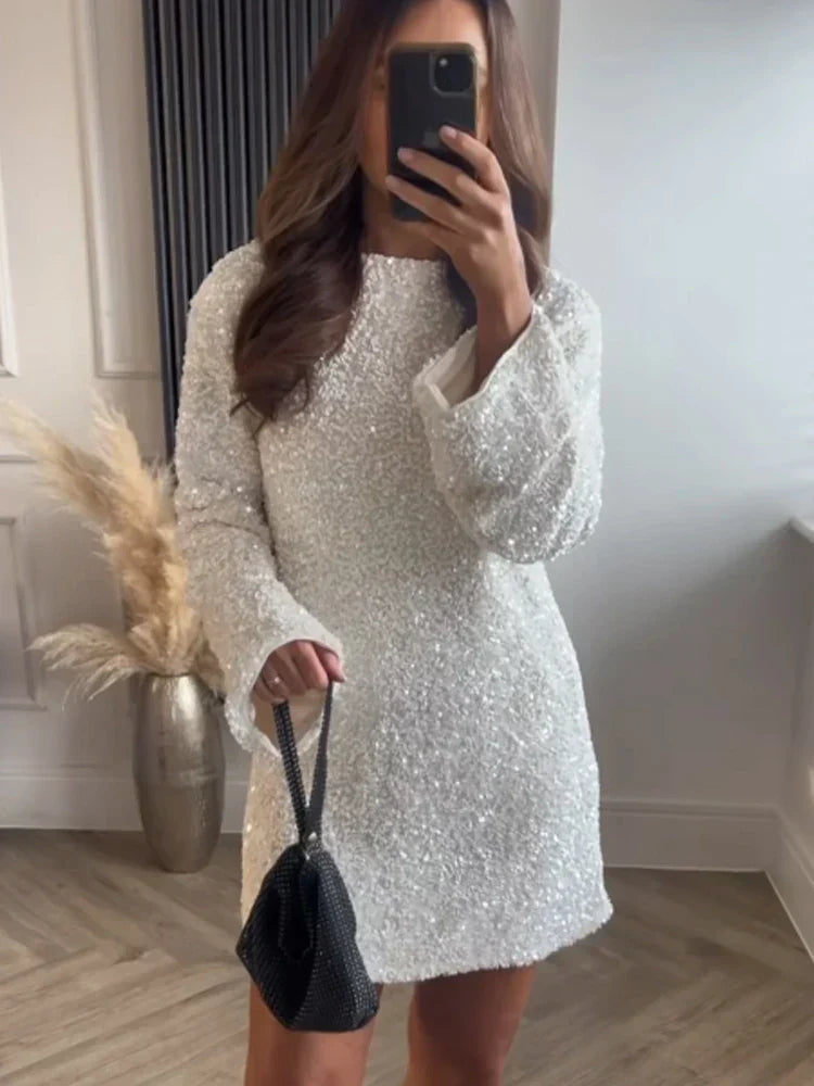 White A-Line Crew Neck Long Sleeve Bow Mini Homecoming Dress