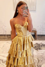 Gold Strapless Metallic Tiered Ruffled Gown With Corset Bodice