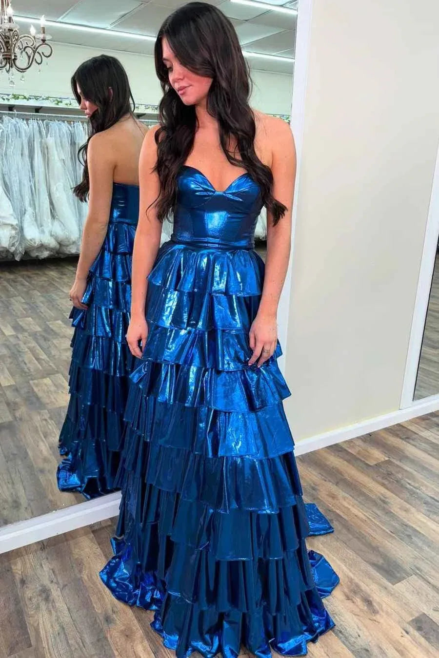 Gold Strapless Metallic Tiered Ruffled Gown With Corset Bodice