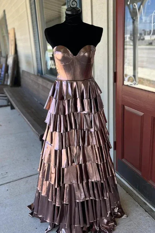 Gold Strapless Metallic Tiered Ruffled Gown With Corset Bodice