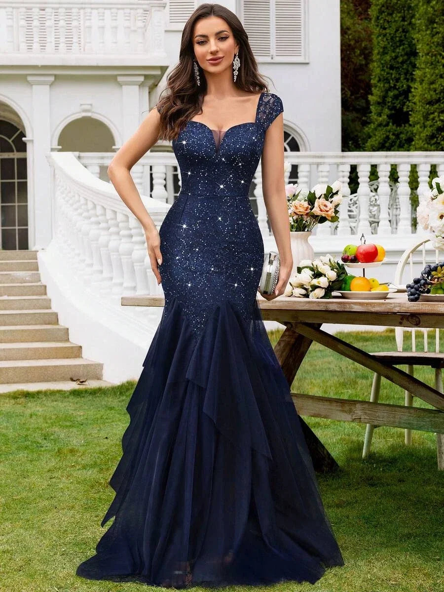 Navy Blue Mermaid Sweetheart Cap Sleeve Ruffled Floor-Length Prom Dress