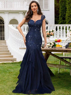 Navy Blue Mermaid Sweetheart Cap Sleeve Ruffled Floor-Length Prom Dress