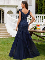 Navy Blue Mermaid Sweetheart Cap Sleeve Ruffled Floor-Length Prom Dress