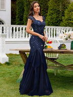 Navy Blue Mermaid Sweetheart Cap Sleeve Ruffled Floor-Length Prom Dress