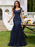 Navy Blue Mermaid Sweetheart Cap Sleeve Ruffled Floor-Length Prom Dress