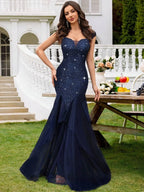 Navy Blue Mermaid Sweetheart Cap Sleeve Ruffled Floor-Length Prom Dress