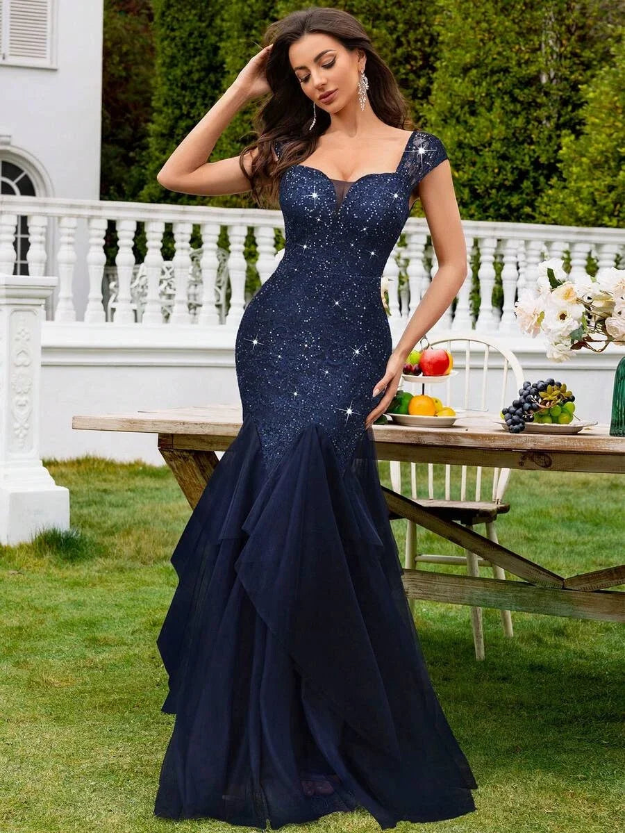 Navy Blue Mermaid Sweetheart Cap Sleeve Ruffled Floor-Length Prom Dress