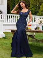 Navy Blue Mermaid Sweetheart Cap Sleeve Ruffled Floor-Length Prom Dress