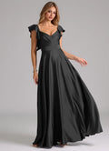 Glamorous satin sweetheart neck floor length bridesmaid dress with ruffled cap sleeves, pleated bodice and open back