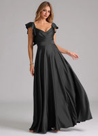 Glamorous satin sweetheart neck floor length bridesmaid dress with ruffled cap sleeves, pleated bodice and open back