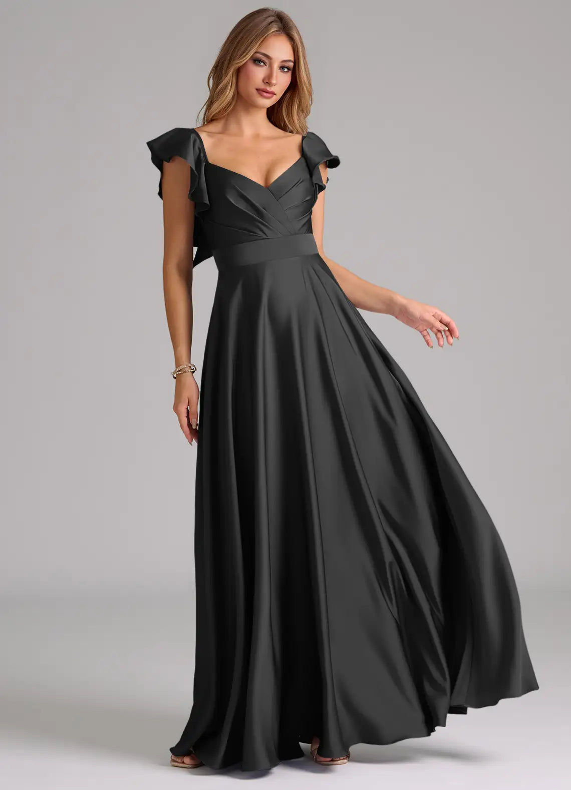 Glamorous satin sweetheart neck floor length bridesmaid dress with ruffled cap sleeves, pleated bodice and open back