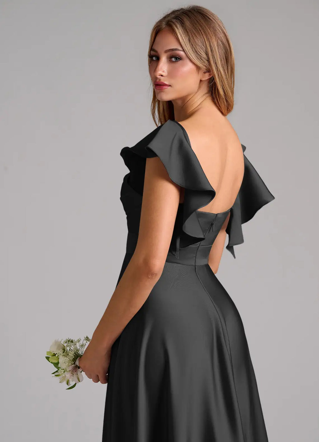 Glamorous satin sweetheart neck floor length bridesmaid dress with ruffled cap sleeves, pleated bodice and open back