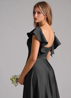 Glamorous satin sweetheart neck floor length bridesmaid dress with ruffled cap sleeves, pleated bodice and open back