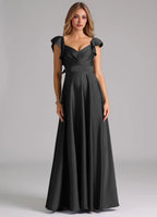 Glamorous satin sweetheart neck floor length bridesmaid dress with ruffled cap sleeves, pleated bodice and open back